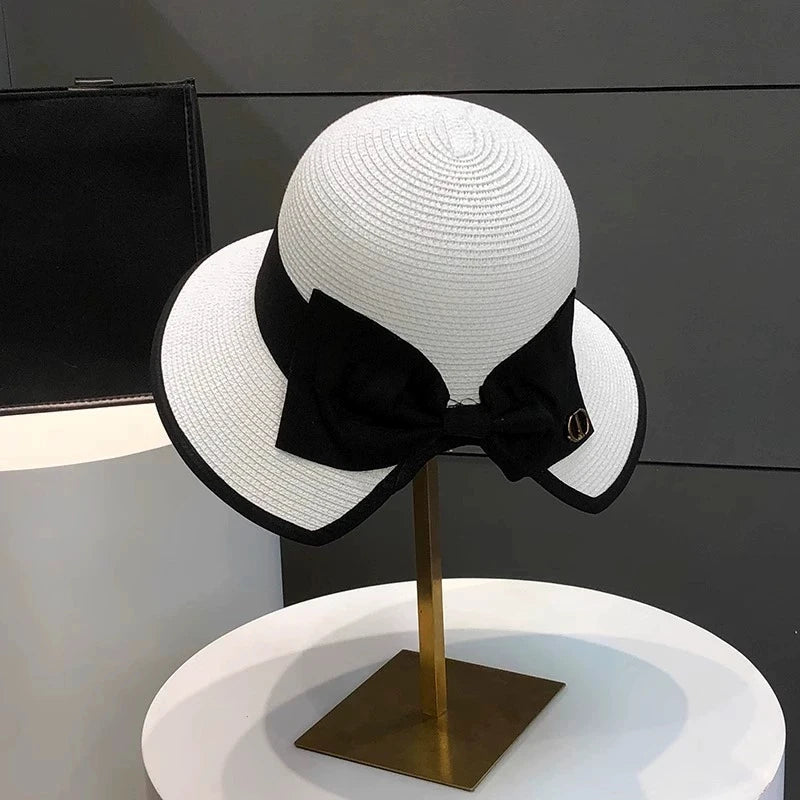 Summer Girls Sun Hats Wide Brim Bowknot Straw Hat with Ribbon Outdoor Sun Protection Women Hats Soild Color Ladies Panama Caps - PratSN