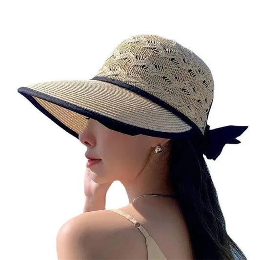 Summer Girls Sun Hats Wide Brim Bowknot Straw Hat with Ribbon Outdoor Sun Protection Women Hats Soild Color Ladies Panama Caps - PratSN