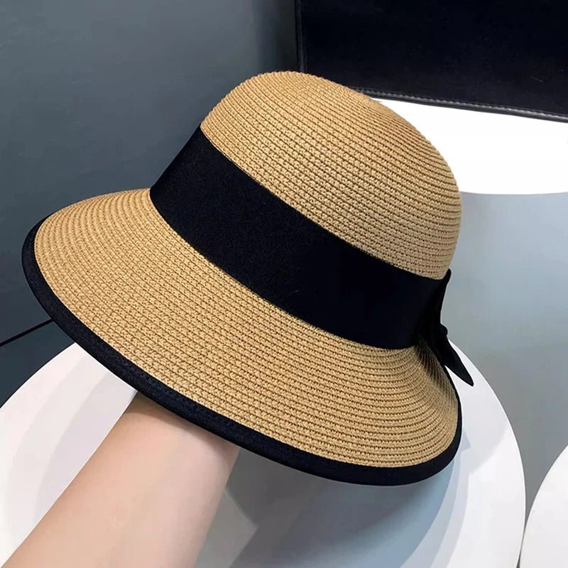 Summer Girls Sun Hats Wide Brim Bowknot Straw Hat with Ribbon Outdoor Sun Protection Women Hats Soild Color Ladies Panama Caps - PratSN
