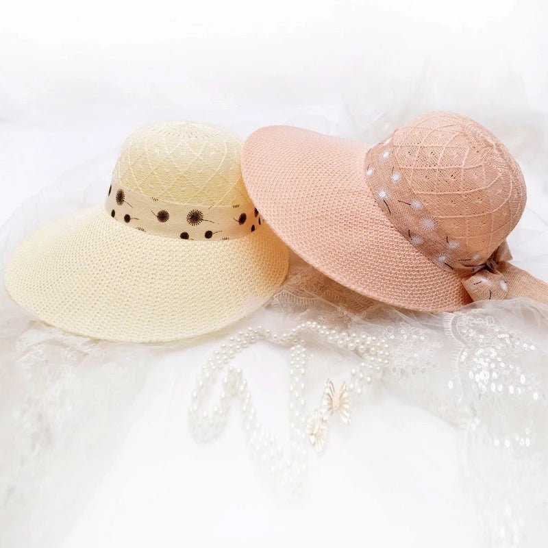 Summer Girls Sun Hats Wide Brim Bowknot Straw Hat with Ribbon Outdoor Sun Protection Women Hats Soild Color Ladies Panama Caps - PratSN