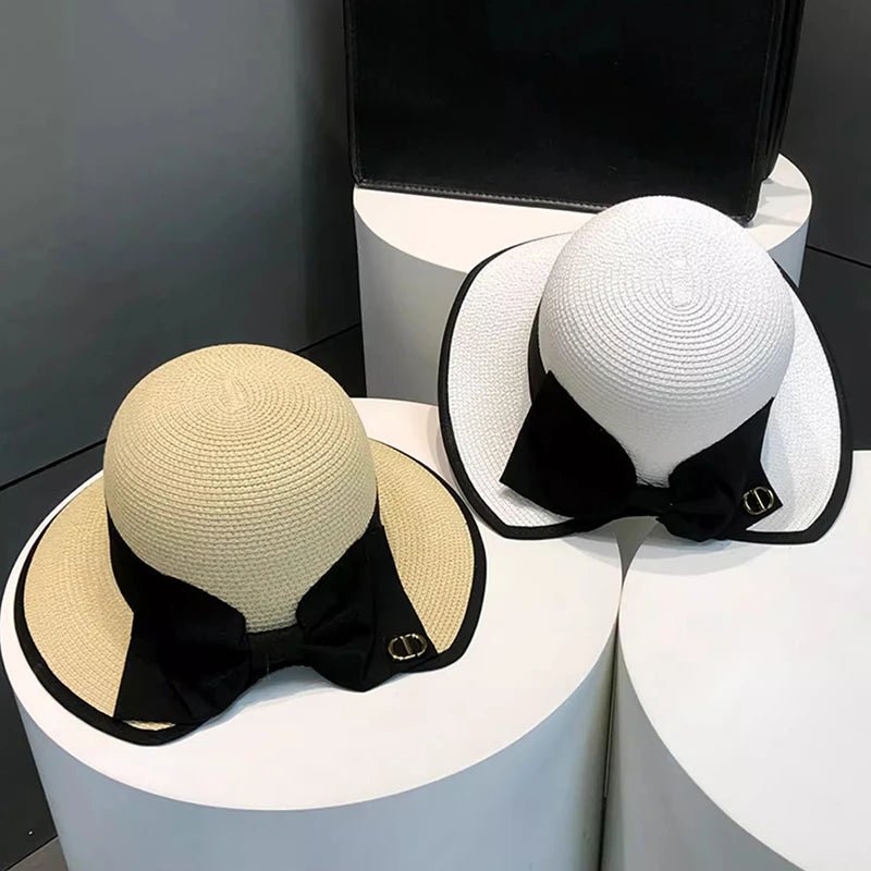 Summer Girls Sun Hats Wide Brim Bowknot Straw Hat with Ribbon Outdoor Sun Protection Women Hats Soild Color Ladies Panama Caps - PratSN