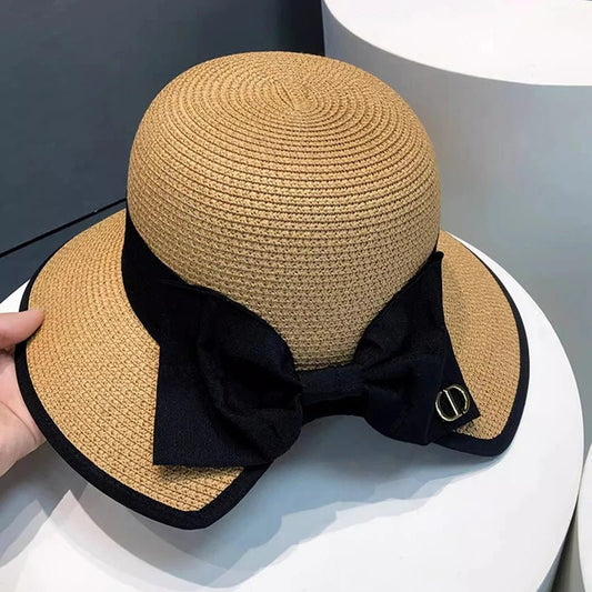 Summer Girls Sun Hats Wide Brim Bowknot Straw Hat with Ribbon Outdoor Sun Protection Women Hats Soild Color Ladies Panama Caps - PratSN