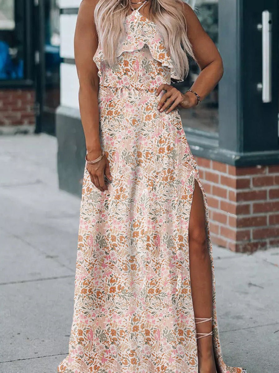 Summer Halter Dress Women Ruffled Floral Floral Print Slit Skirt - PratSN