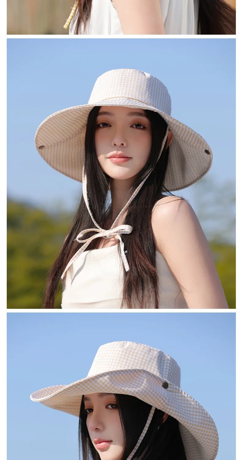 Summer Hat for Women Bucket Hat Plaid Wide Brim Sun Hat with Windproof Rope Sunshade Sun Hat Cycling Travel Fisherman Cap Korean - PratSN
