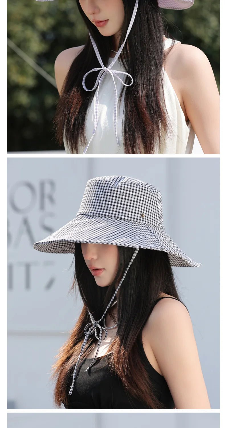 Summer Hat for Women Bucket Hat Plaid Wide Brim Sun Hat with Windproof Rope Sunshade Sun Hat Cycling Travel Fisherman Cap Korean - PratSN
