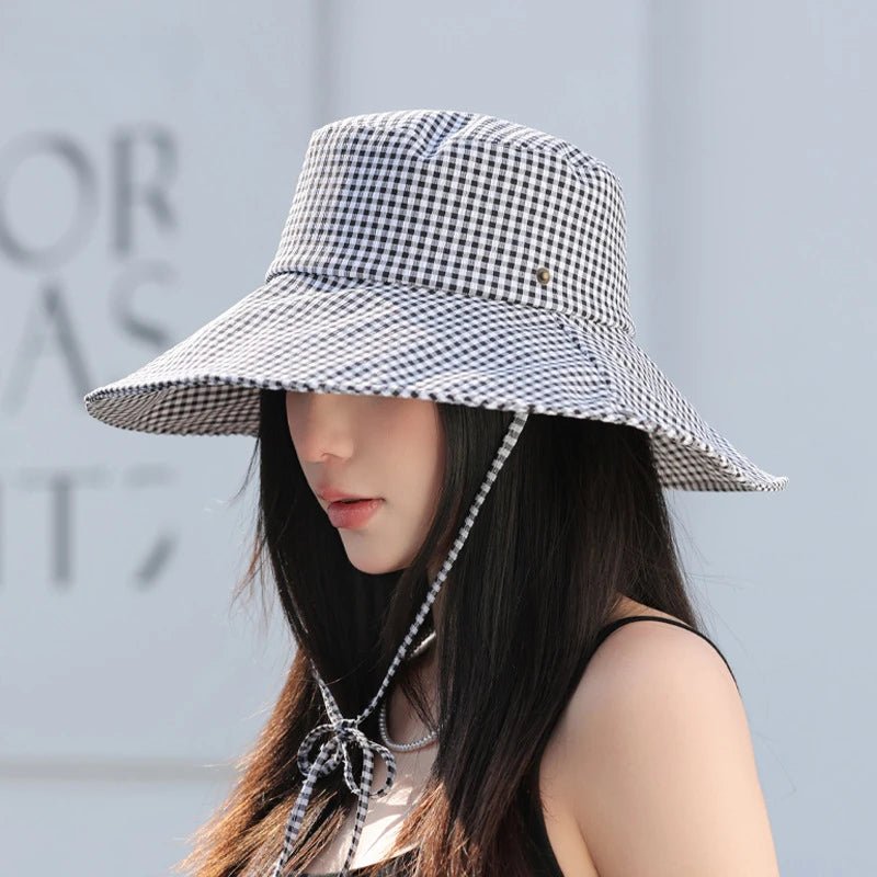 Summer Hat for Women Bucket Hat Plaid Wide Brim Sun Hat with Windproof Rope Sunshade Sun Hat Cycling Travel Fisherman Cap Korean - PratSN
