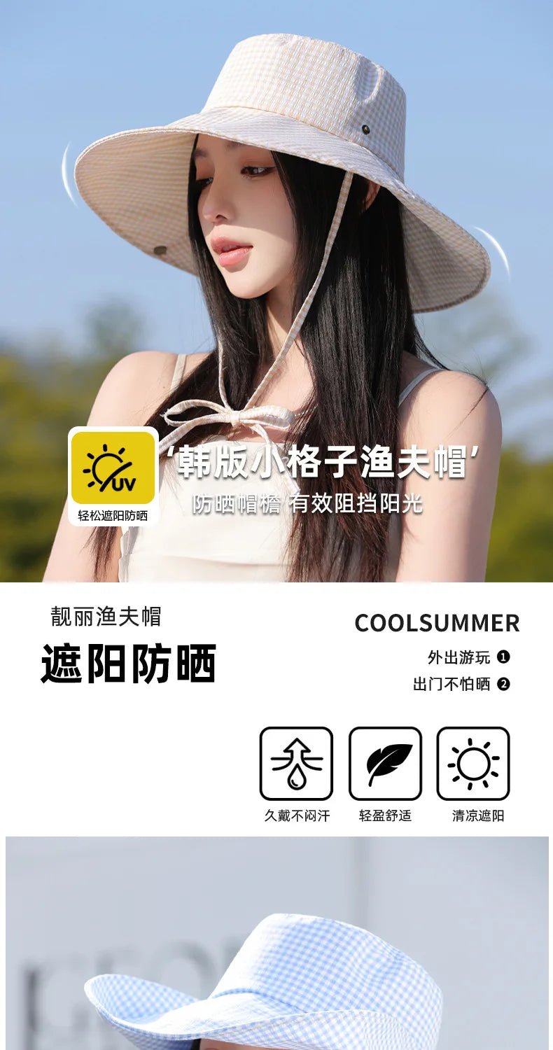 Summer Hat for Women Bucket Hat Plaid Wide Brim Sun Hat with Windproof Rope Sunshade Sun Hat Cycling Travel Fisherman Cap Korean - PratSN