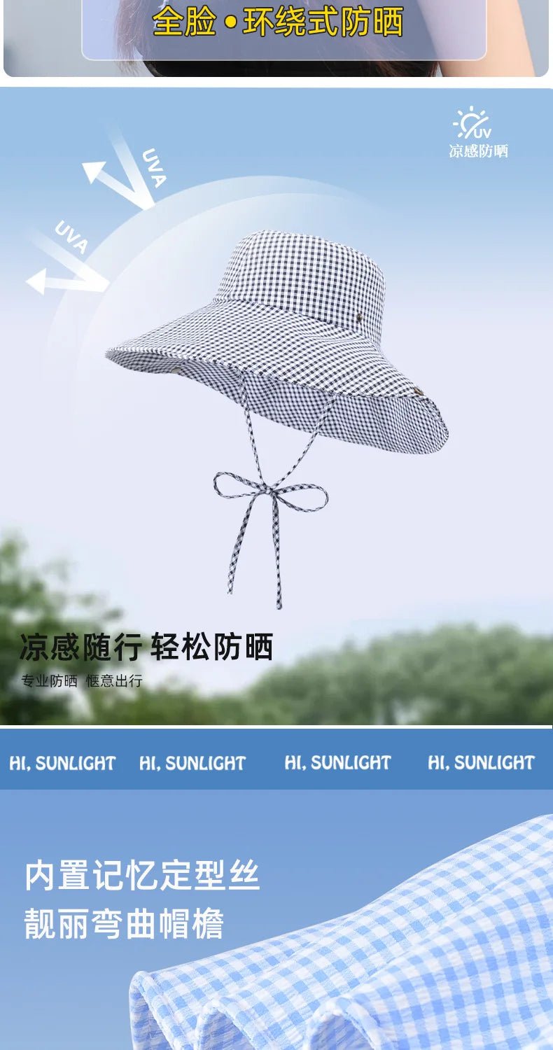 Summer Hat for Women Bucket Hat Plaid Wide Brim Sun Hat with Windproof Rope Sunshade Sun Hat Cycling Travel Fisherman Cap Korean - PratSN