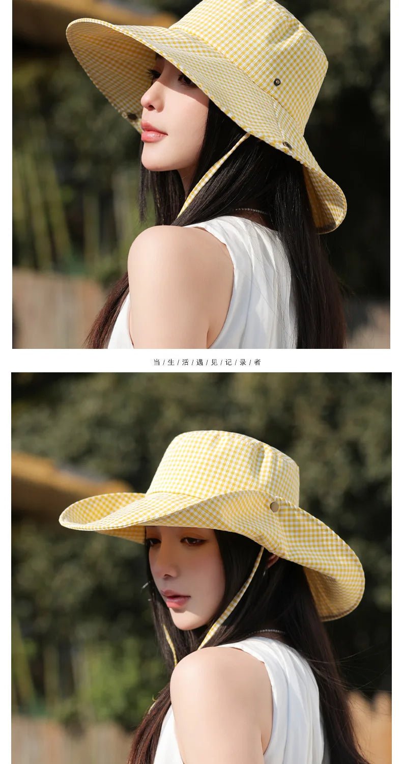 Summer Hat for Women Bucket Hat Plaid Wide Brim Sun Hat with Windproof Rope Sunshade Sun Hat Cycling Travel Fisherman Cap Korean - PratSN