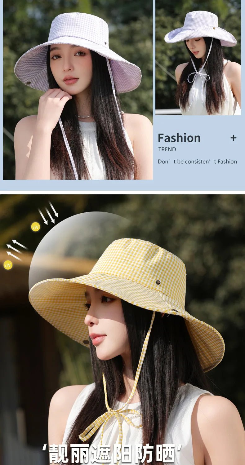 Summer Hat for Women Bucket Hat Plaid Wide Brim Sun Hat with Windproof Rope Sunshade Sun Hat Cycling Travel Fisherman Cap Korean - PratSN