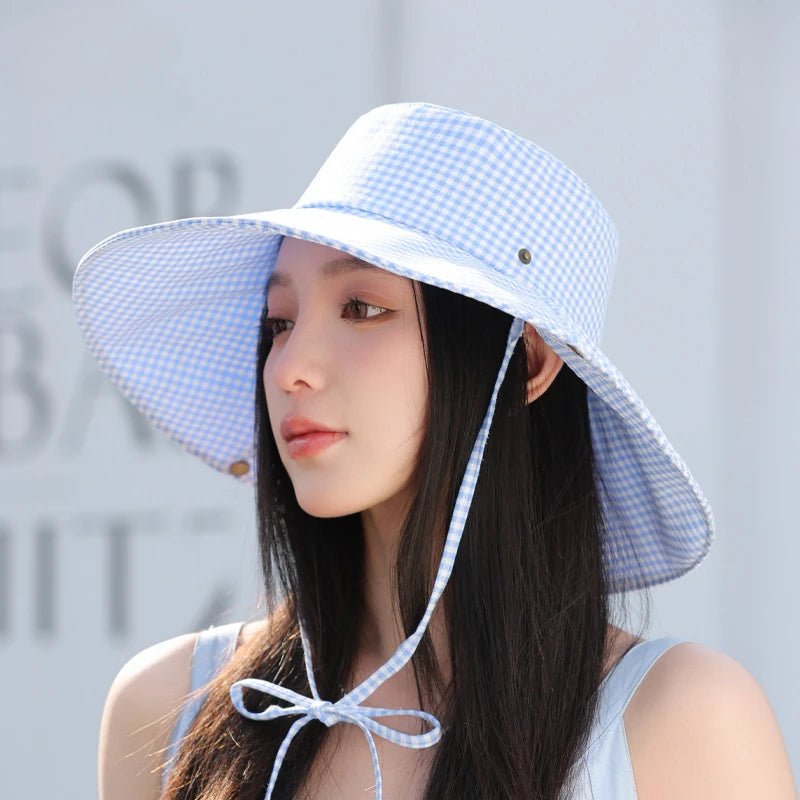 Summer Hat for Women Bucket Hat Plaid Wide Brim Sun Hat with Windproof Rope Sunshade Sun Hat Cycling Travel Fisherman Cap Korean - PratSN