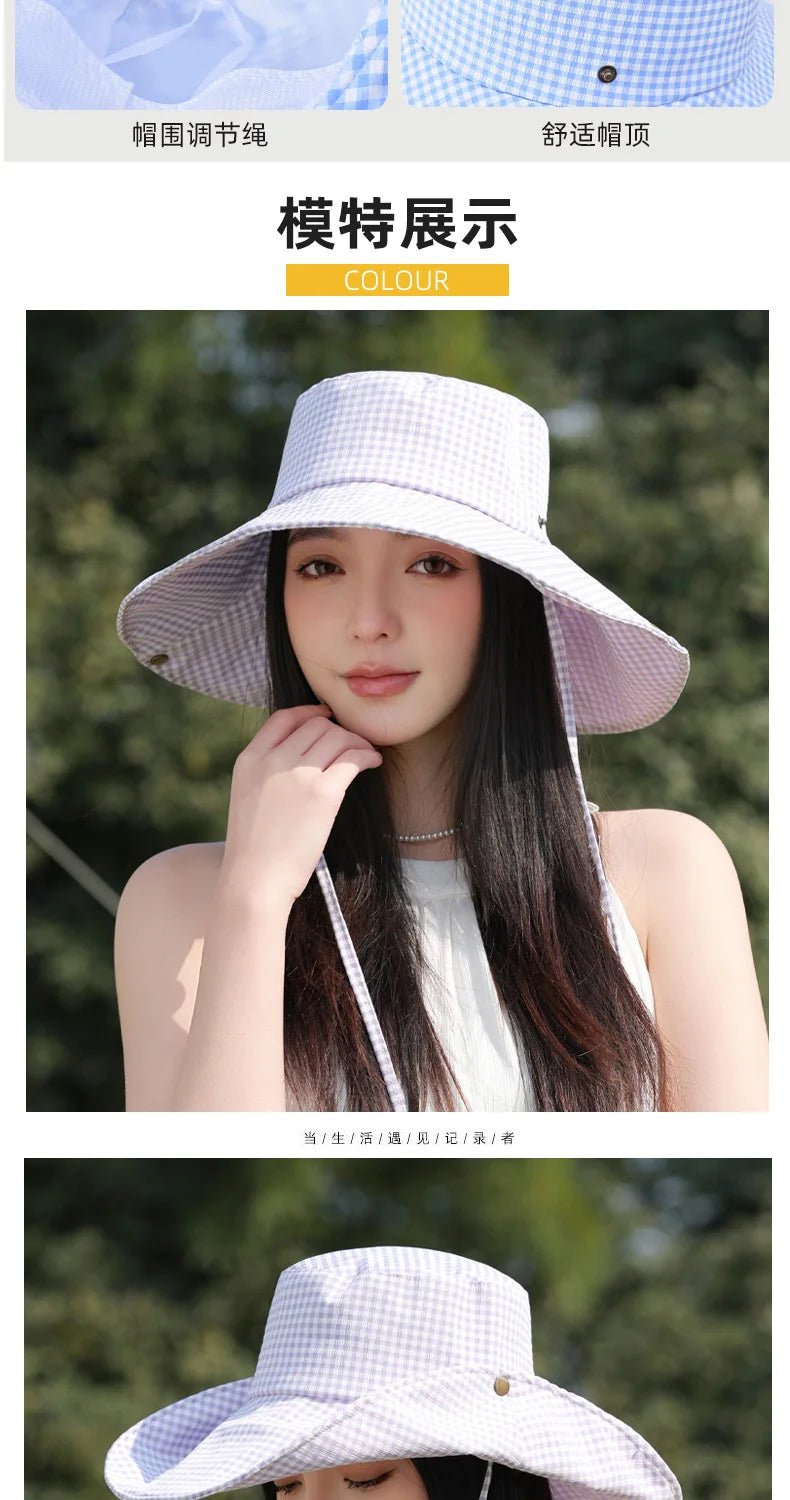 Summer Hat for Women Bucket Hat Plaid Wide Brim Sun Hat with Windproof Rope Sunshade Sun Hat Cycling Travel Fisherman Cap Korean - PratSN