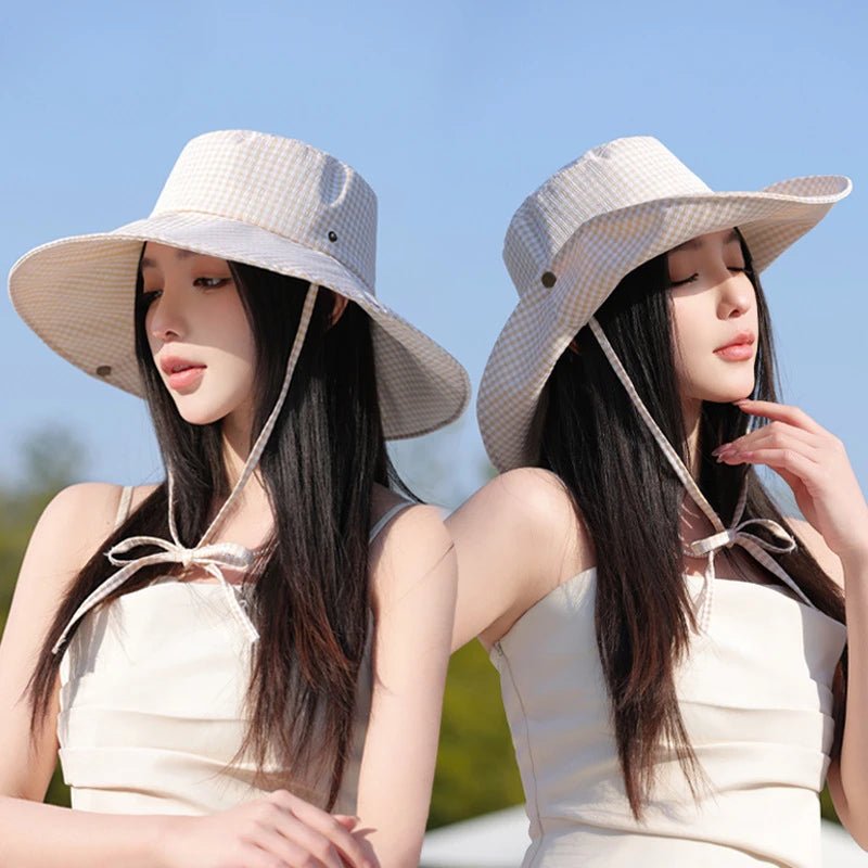 Summer Hat for Women Bucket Hat Plaid Wide Brim Sun Hat with Windproof Rope Sunshade Sun Hat Cycling Travel Fisherman Cap Korean - PratSN