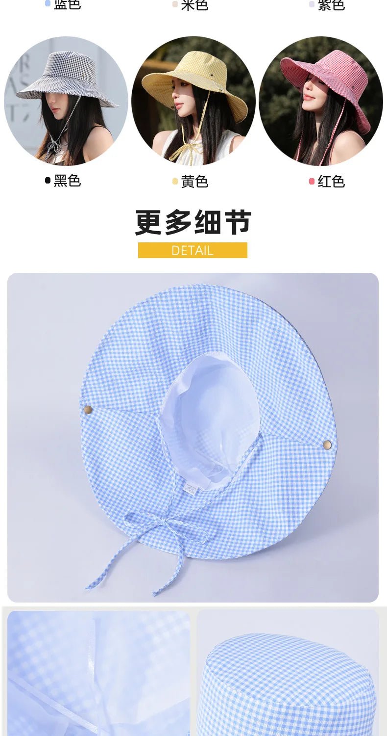 Summer Hat for Women Bucket Hat Plaid Wide Brim Sun Hat with Windproof Rope Sunshade Sun Hat Cycling Travel Fisherman Cap Korean - PratSN