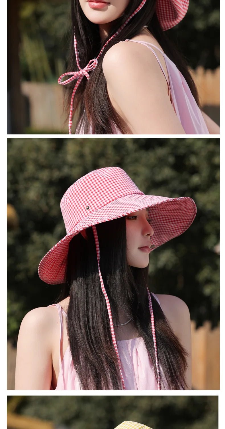 Summer Hat for Women Bucket Hat Plaid Wide Brim Sun Hat with Windproof Rope Sunshade Sun Hat Cycling Travel Fisherman Cap Korean - PratSN