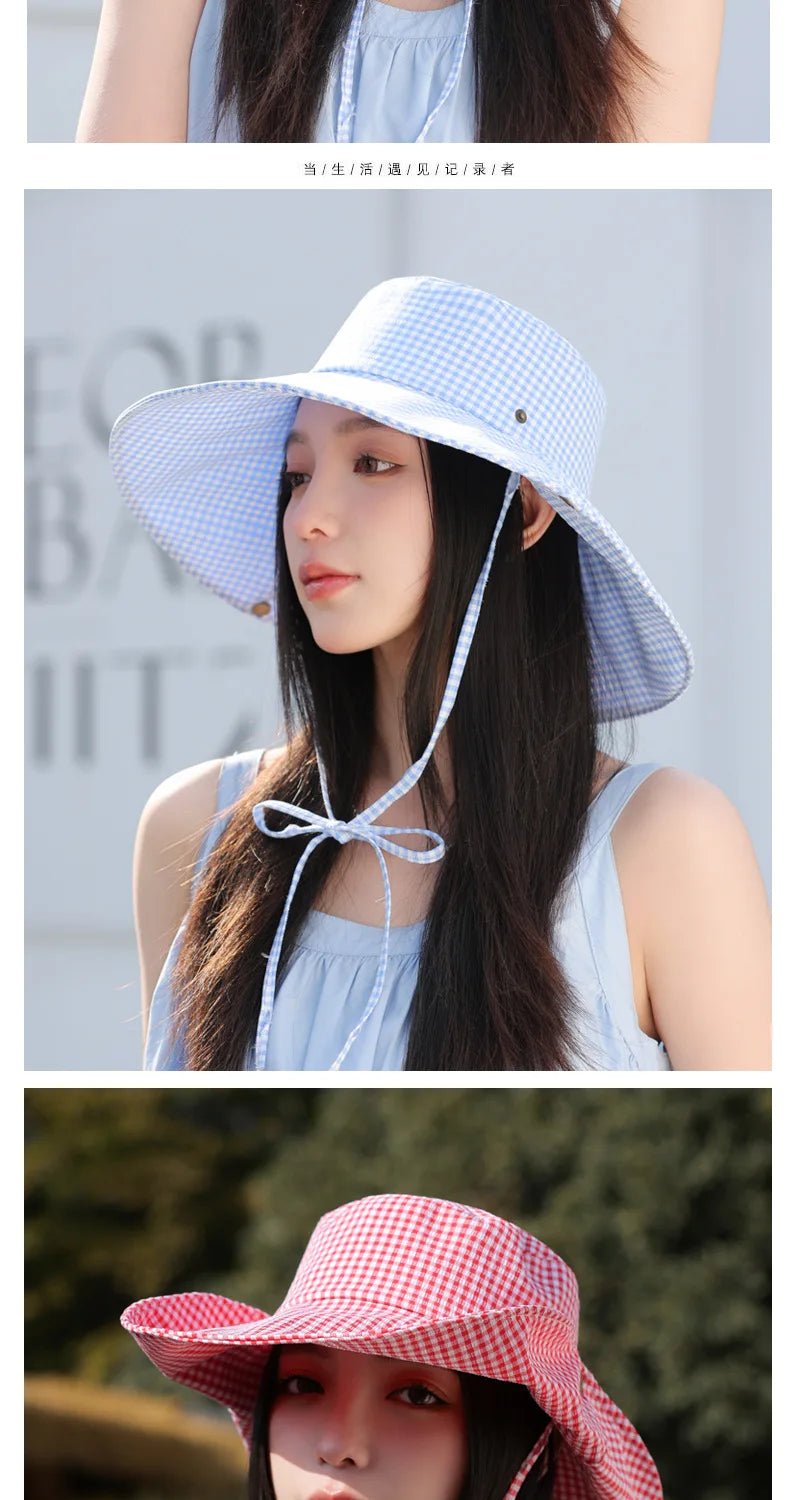 Summer Hat for Women Bucket Hat Plaid Wide Brim Sun Hat with Windproof Rope Sunshade Sun Hat Cycling Travel Fisherman Cap Korean - PratSN