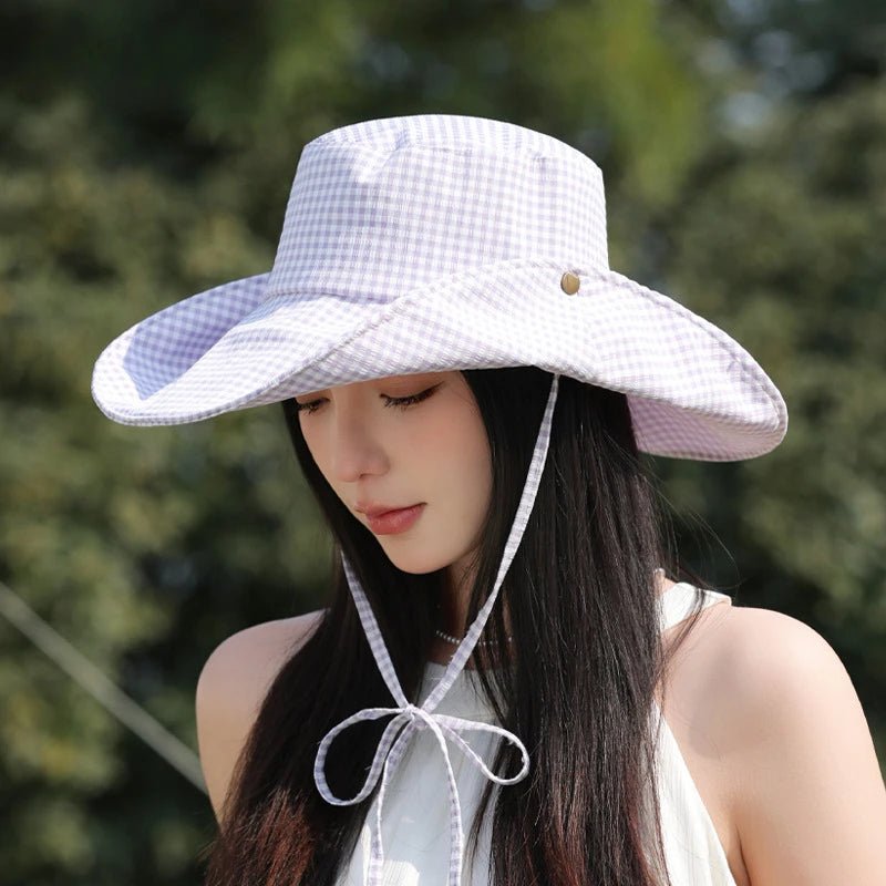 Summer Hat for Women Bucket Hat Plaid Wide Brim Sun Hat with Windproof Rope Sunshade Sun Hat Cycling Travel Fisherman Cap Korean - PratSN