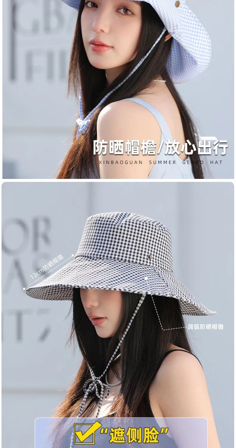 Summer Hat for Women Bucket Hat Plaid Wide Brim Sun Hat with Windproof Rope Sunshade Sun Hat Cycling Travel Fisherman Cap Korean - PratSN