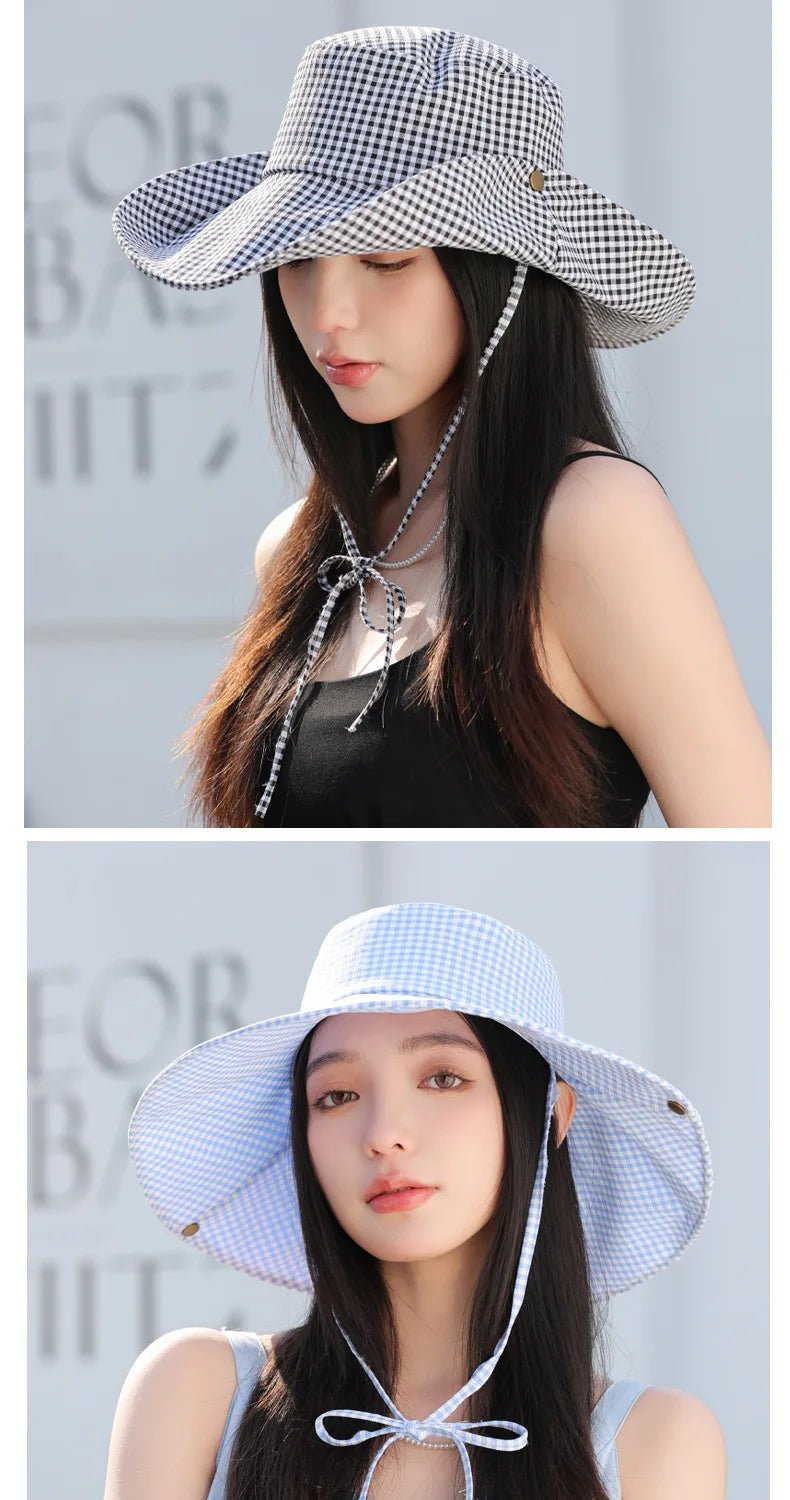 Summer Hat for Women Bucket Hat Plaid Wide Brim Sun Hat with Windproof Rope Sunshade Sun Hat Cycling Travel Fisherman Cap Korean - PratSN