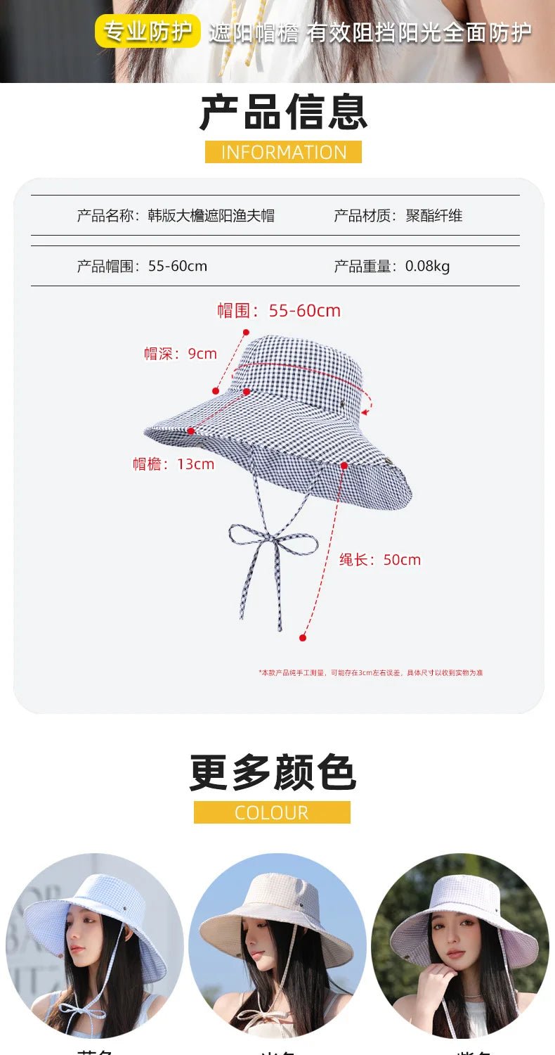 Summer Hat for Women Bucket Hat Plaid Wide Brim Sun Hat with Windproof Rope Sunshade Sun Hat Cycling Travel Fisherman Cap Korean - PratSN