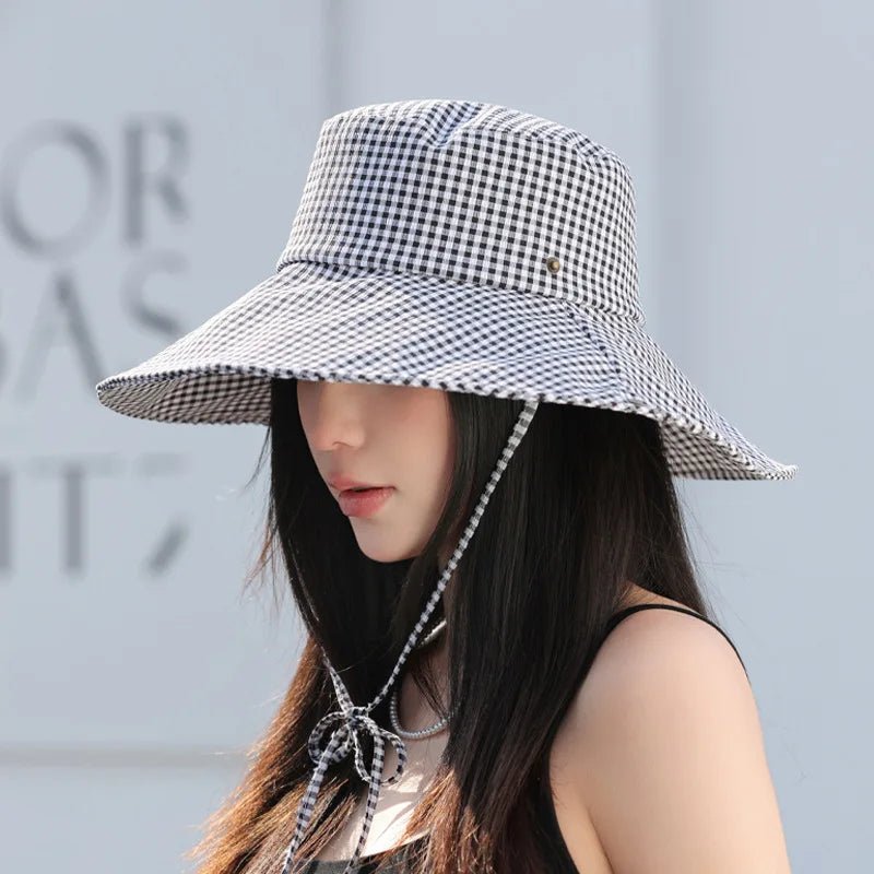 Summer Hat for Women Bucket Hat Plaid Wide Brim Sun Hat with Windproof Rope Sunshade Sun Hat Cycling Travel Fisherman Cap Korean - PratSN