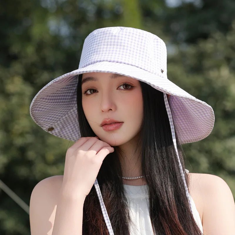 Summer Hat for Women Bucket Hat Plaid Wide Brim Sun Hat with Windproof Rope Sunshade Sun Hat Cycling Travel Fisherman Cap Korean - PratSN