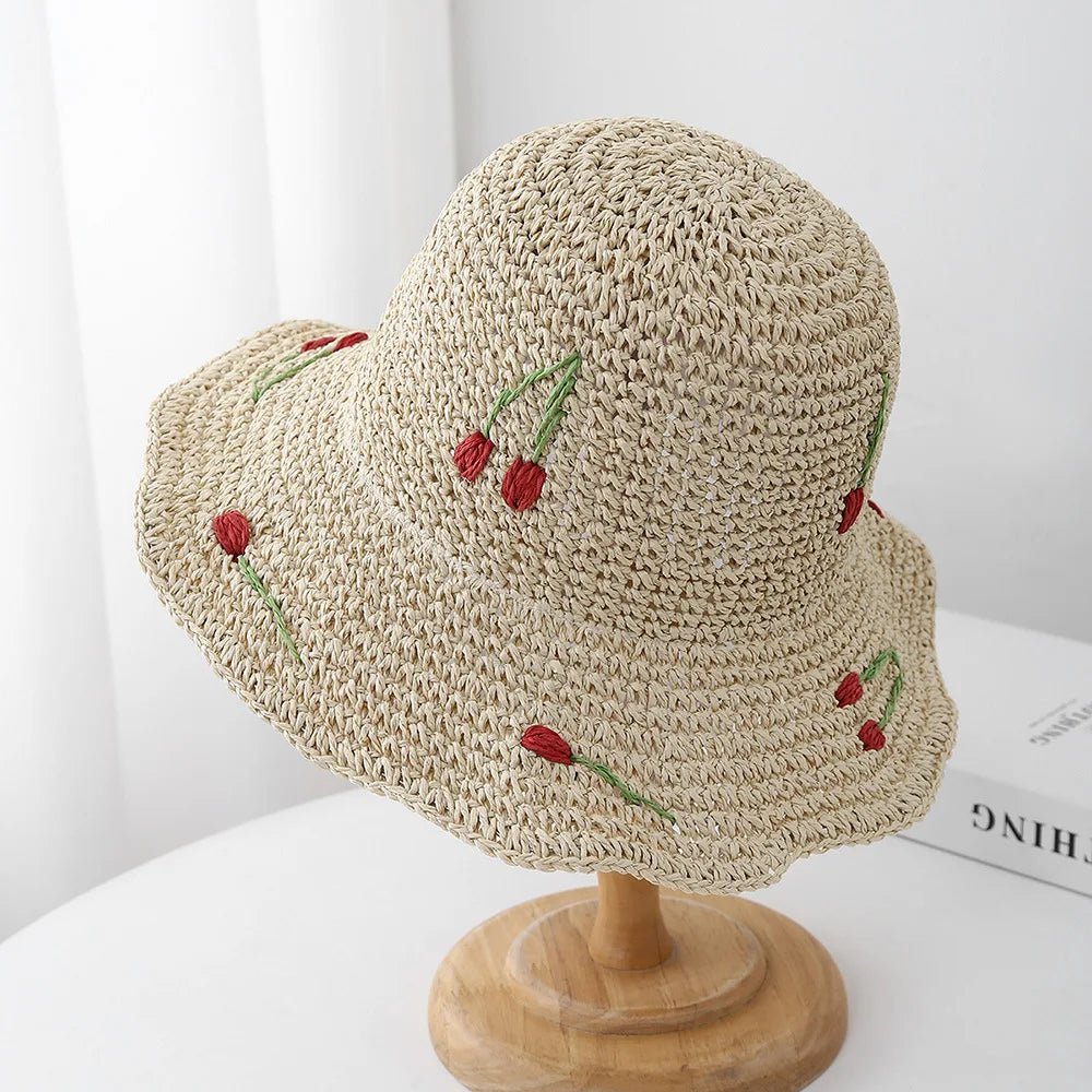 Summer Hats For Women Sun Hat Cherry Decoration Bucket Hat Seaside Holiday Sun Protection Breathable Beach Accessories Foldable - PratSN