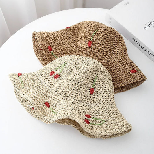 Summer Hats For Women Sun Hat Cherry Decoration Bucket Hat Seaside Holiday Sun Protection Breathable Beach Accessories Foldable - PratSN