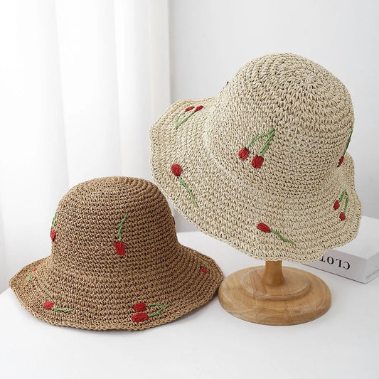 Summer Hats For Women Sun Hat Cherry Decoration Bucket Hat Seaside Holiday Sun Protection Breathable Beach Accessories Foldable - PratSN