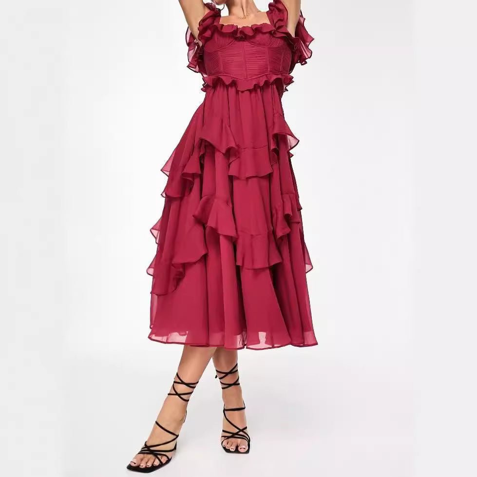 Summer Holiday Ruffled Short - sleeved Dress Fashion Backless Square Neck Long Dresses For Party Womens Clothing - PratSN