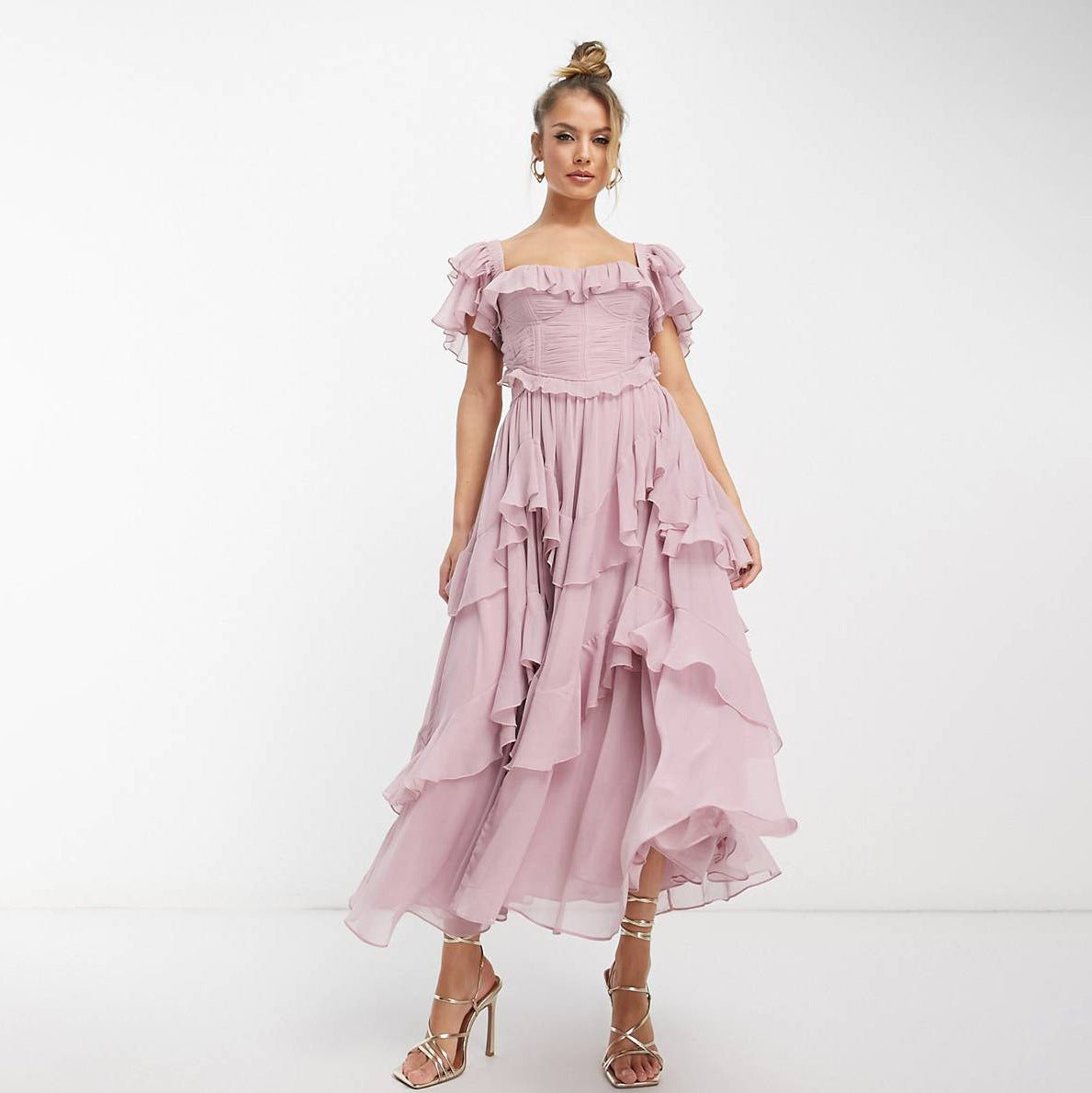 Summer Holiday Ruffled Short - sleeved Dress Fashion Backless Square Neck Long Dresses For Party Womens Clothing - PratSN