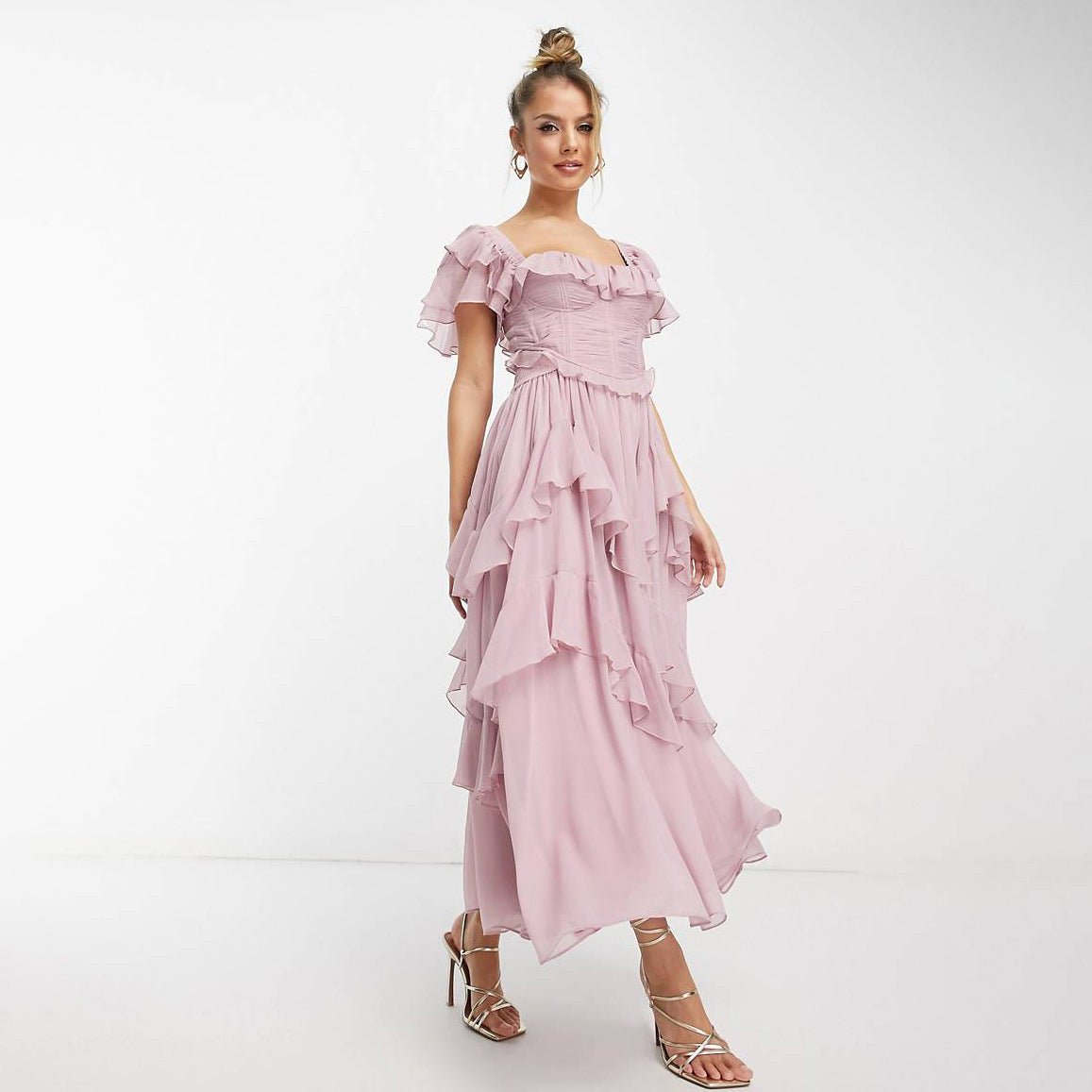 Summer Holiday Ruffled Short - sleeved Dress Fashion Backless Square Neck Long Dresses For Party Womens Clothing - PratSN