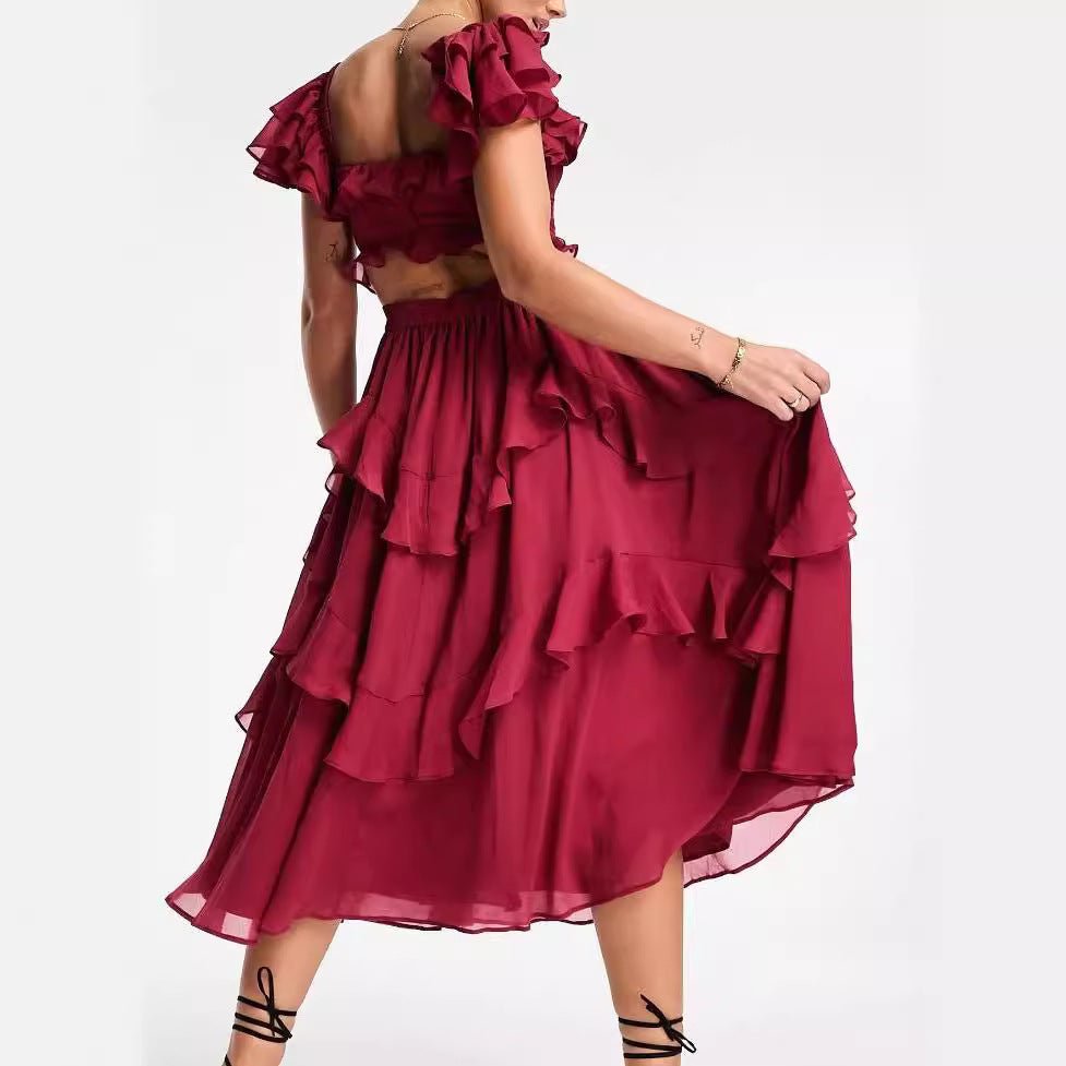 Summer Holiday Ruffled Short - sleeved Dress Fashion Backless Square Neck Long Dresses For Party Womens Clothing - PratSN
