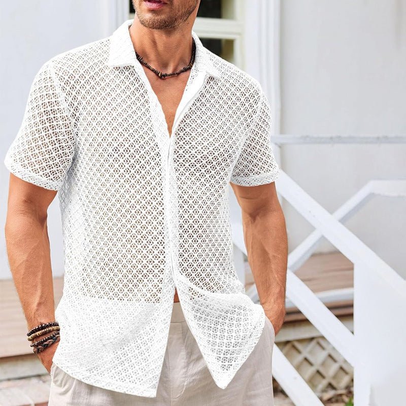 Summer Mesh Short Sleeve Shirt Fashion Solid Color Lapel Shirt Tops Beach Men Clothing - PratSN