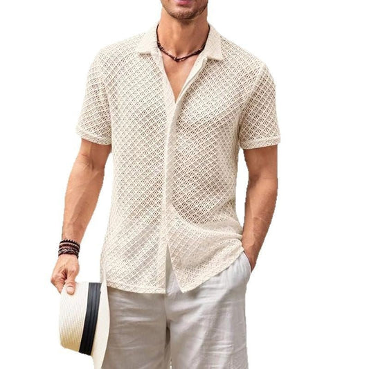 Summer Mesh Short Sleeve Shirt Fashion Solid Color Lapel Shirt Tops Beach Men Clothing - PratSN