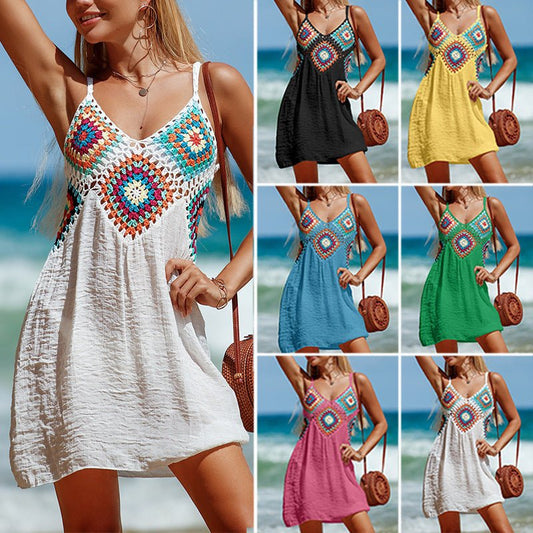 Summer Sleeveless Dress Bohemia Stitching Colorful Pattern V - neck Hollow Beach Dress - PratSN