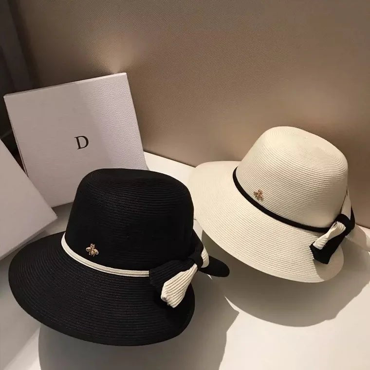 Summer straw hat, little bee, big eaves, sunshade basin hat, Japanese fine grass woven bow sun hat - PratSN