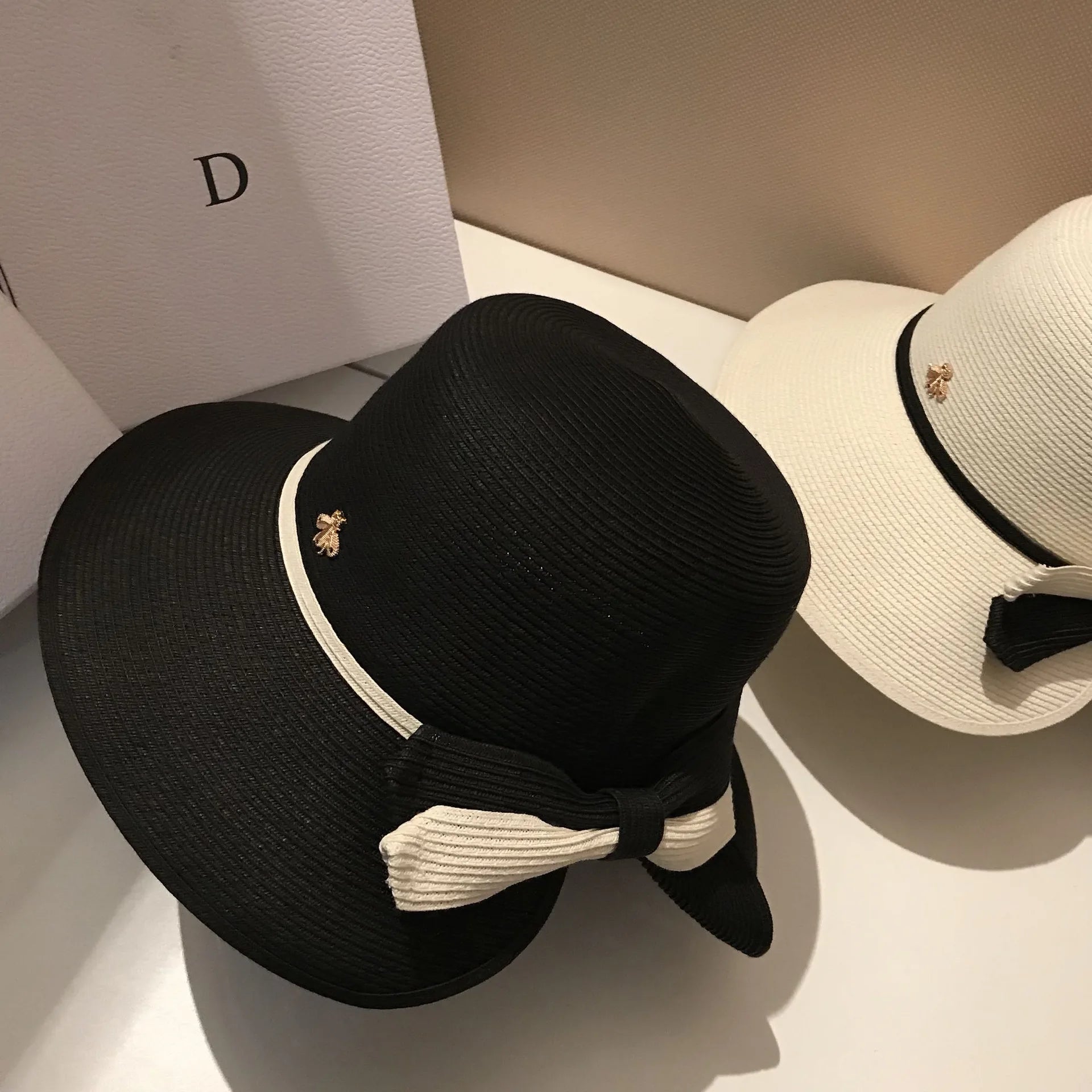 Summer straw hat, little bee, big eaves, sunshade basin hat, Japanese fine grass woven bow sun hat - PratSN