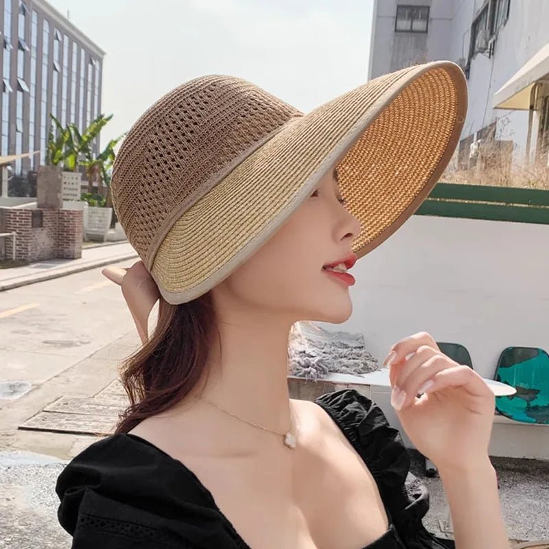 Summer Sun Hat Women Beach Accessories Wide Brim UV Protection Visor Sunshade Cap Ladies Bowknot Korean Panama Floppy Sunhat - PratSN