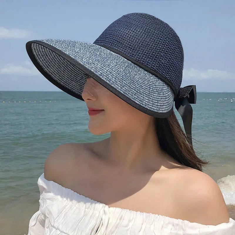 Summer Sun Hat Women Beach Accessories Wide Brim UV Protection Visor Sunshade Cap Ladies Bowknot Korean Panama Floppy Sunhat - PratSN