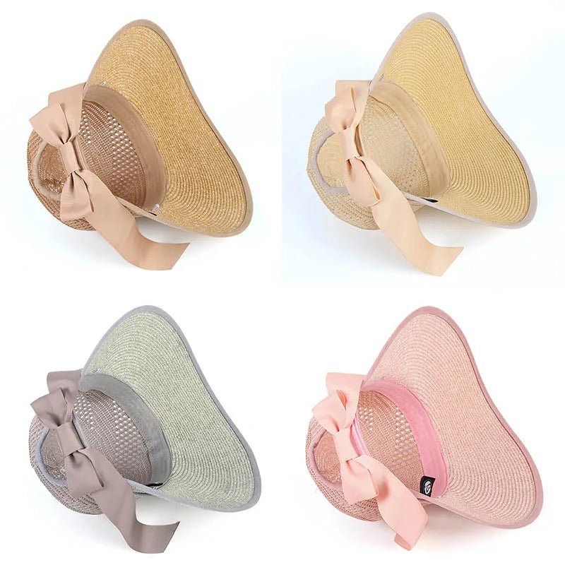 Summer Sun Hat Women Beach Accessories Wide Brim UV Protection Visor Sunshade Cap Ladies Bowknot Korean Panama Floppy Sunhat - PratSN