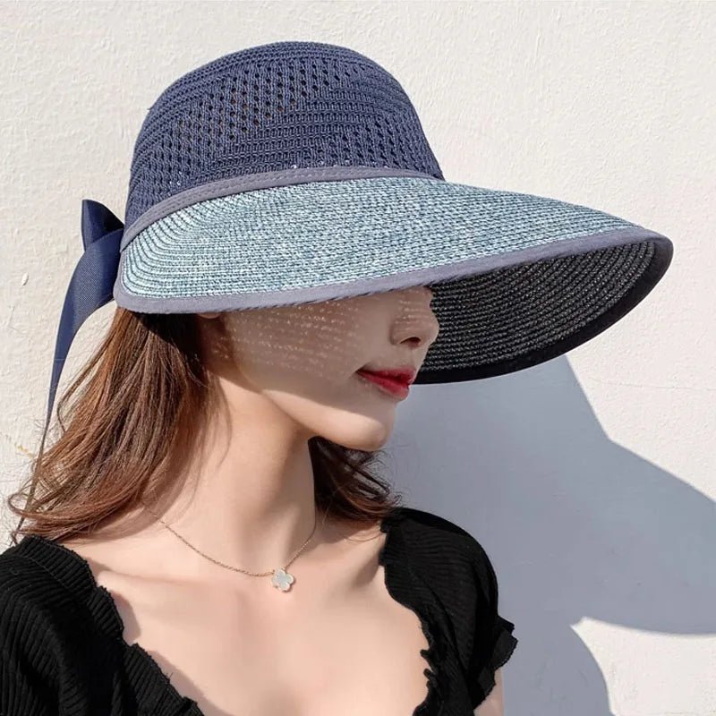 Summer Sun Hat Women Beach Accessories Wide Brim UV Protection Visor Sunshade Cap Ladies Bowknot Korean Panama Floppy Sunhat - PratSN