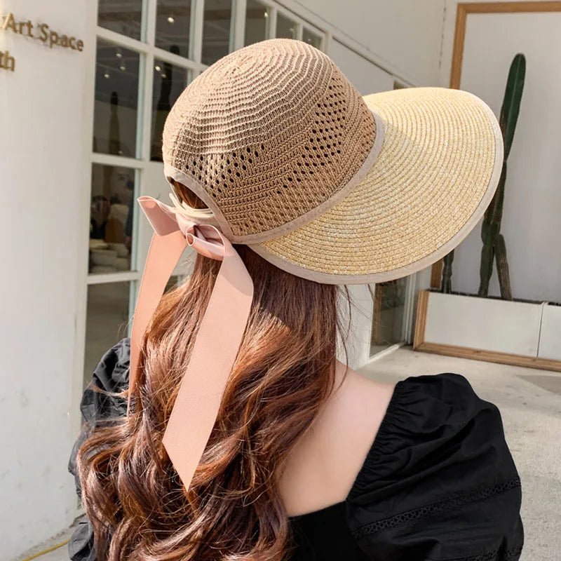 Summer Sun Hat Women Beach Accessories Wide Brim UV Protection Visor Sunshade Cap Ladies Bowknot Korean Panama Floppy Sunhat - PratSN