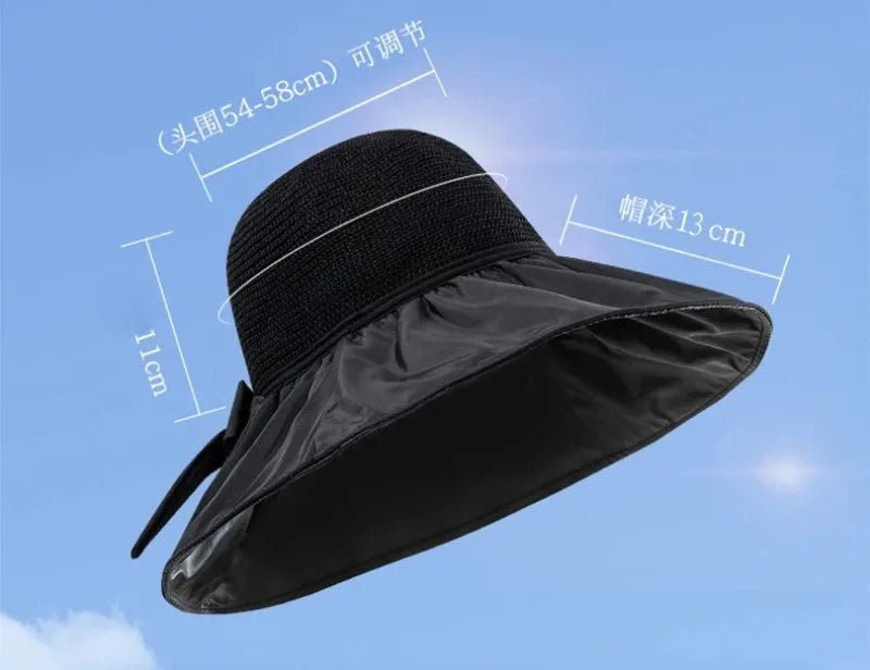 Summer Sun Hat Women Straw Woven Anti Ultraviolet Sun Visor Cap with Big Brim Seaside Black Glue Breathable Bucket Hat Korea Sty - PratSN