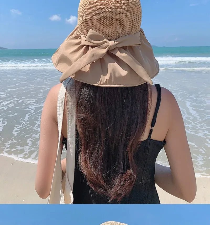 Summer Sun Hat Women Straw Woven Anti Ultraviolet Sun Visor Cap with Big Brim Seaside Black Glue Breathable Bucket Hat Korea Sty - PratSN