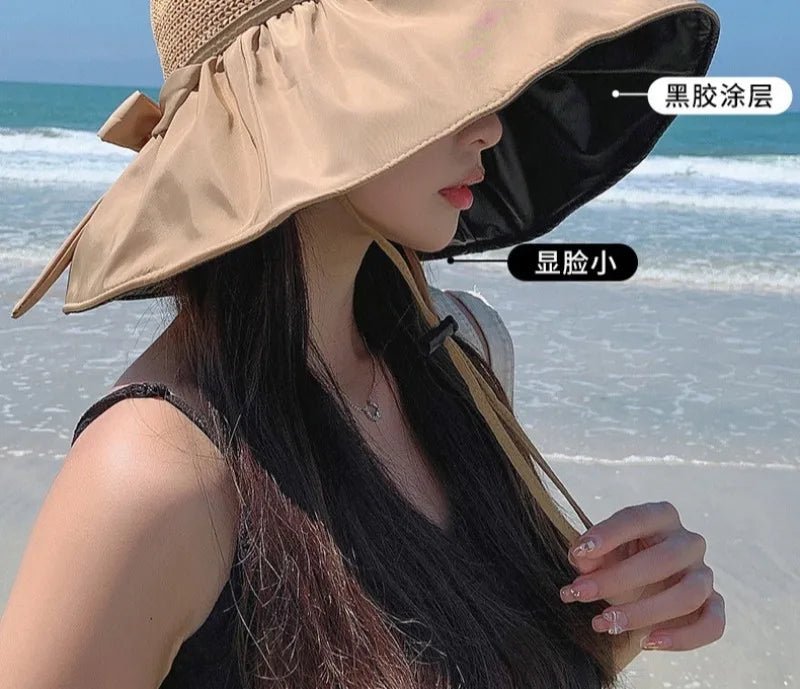 Summer Sun Hat Women Straw Woven Anti Ultraviolet Sun Visor Cap with Big Brim Seaside Black Glue Breathable Bucket Hat Korea Sty - PratSN