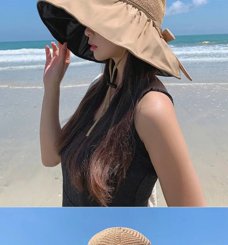 Summer Sun Hat Women Straw Woven Anti Ultraviolet Sun Visor Cap with Big Brim Seaside Black Glue Breathable Bucket Hat Korea Sty - PratSN