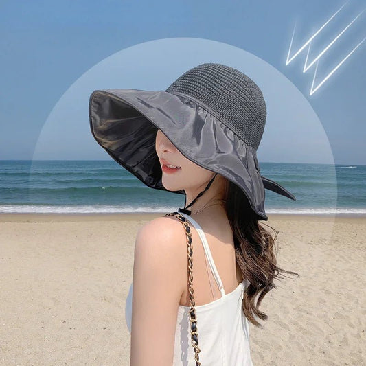 Summer Sun Hat Women Straw Woven Anti Ultraviolet Sun Visor Cap with Big Brim Seaside Black Glue Breathable Bucket Hat Korea Sty - PratSN