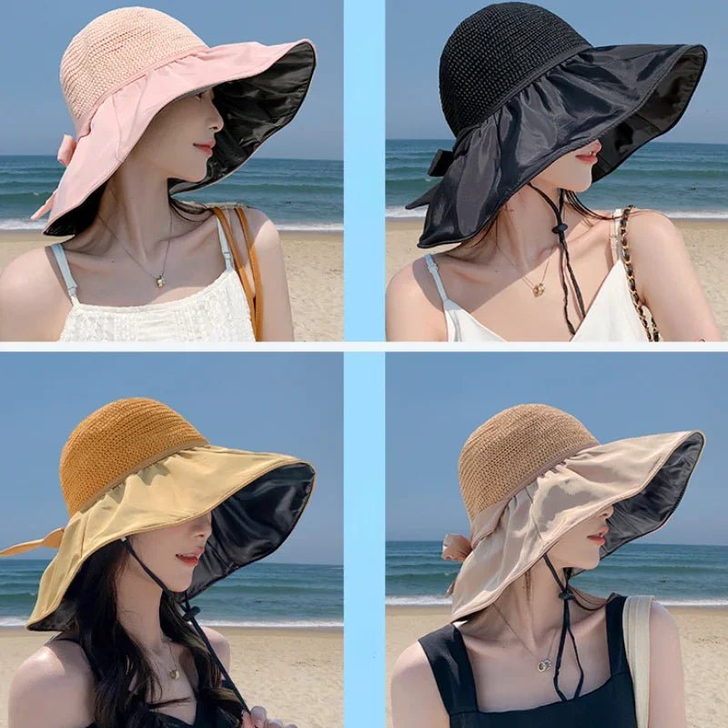 Summer Sun Hat Women Straw Woven Anti Ultraviolet Sun Visor Cap with Big Brim Seaside Black Glue Breathable Bucket Hat Korea Sty - PratSN