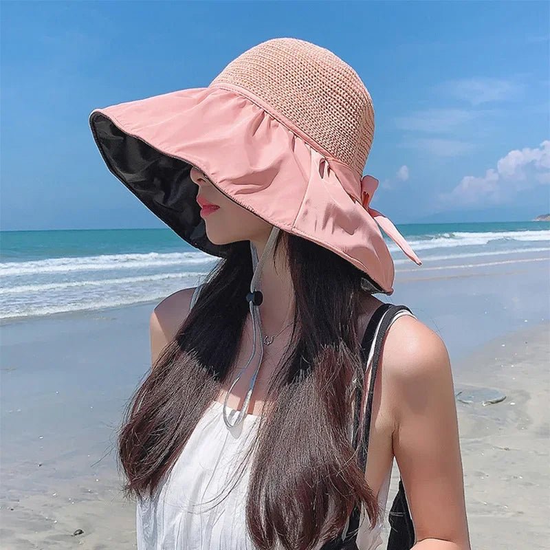 Summer Sun Hat Women Straw Woven Anti Ultraviolet Sun Visor Cap with Big Brim Seaside Black Glue Breathable Bucket Hat Korea Sty - PratSN
